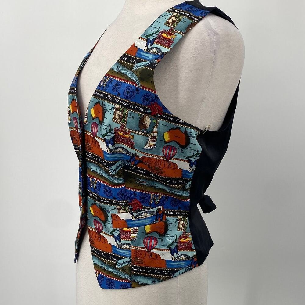 Vintage 90s Nicole Miller Silk Vest Australia Pattern Black Blue Red NEW Large - Picture 9 of 12